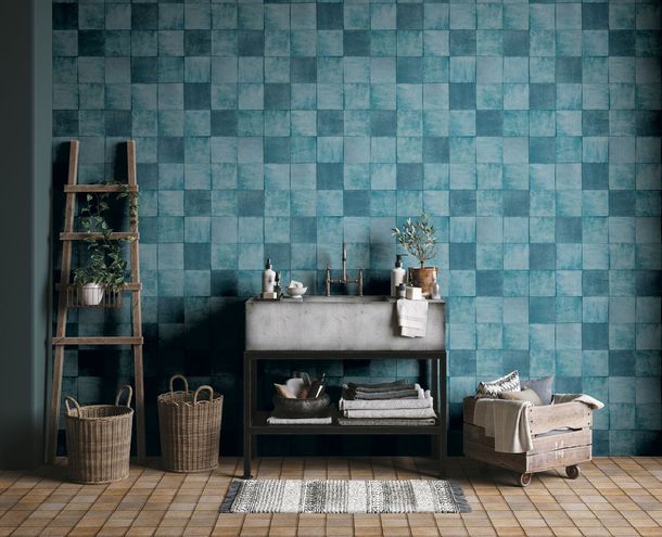 Photo Non-Woven Wallpaper Tiles blue Marburg 45728