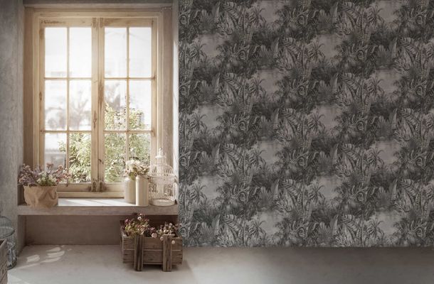 Non-Woven Wallpaper Leaves Jungle grey 38356-4