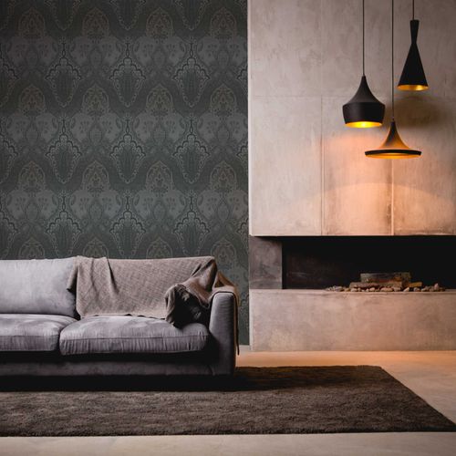 Non-Woven Wallpaper Damast Design black silver 38708-5