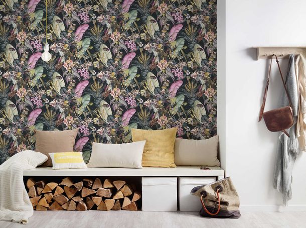 Non-Woven Wallpaper Animals Leaves black 38176-1