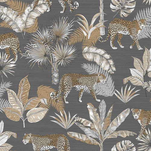 Non-Woven Wallpaper Grandeco Leopard leaves beige brown