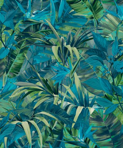 Non-woven wallpaper Grandeco leaves flowers green blue