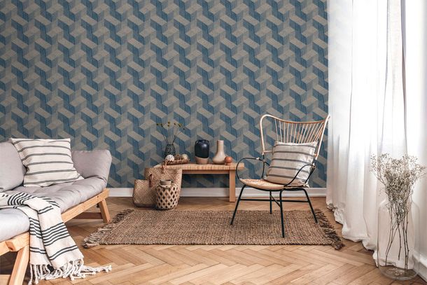 Non-woven wallpaper Grandeco 3D effect geometric blue beige