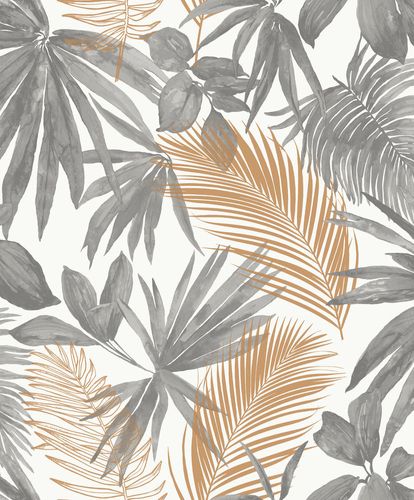 Non-woven wallpaper Grandeco ferns leaves white grey gold