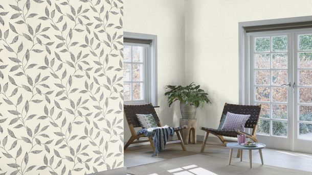 Rasch Non-Woven Wallpaper Leaves White Grey Silver 651249