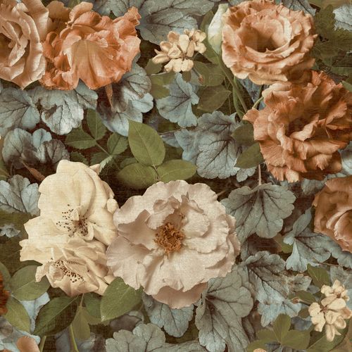 Non-woven wallpaper flowers floral green apricot WL2101