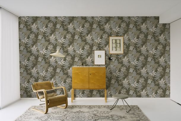 Non-woven wallpaper Grandeco Green leaf pattern