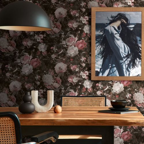 Non-woven wallpaper 38821-4 Black Pink Flowers