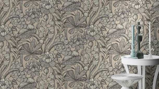 Non-woven wallpaper Rasch flowers leaves beige black 555332