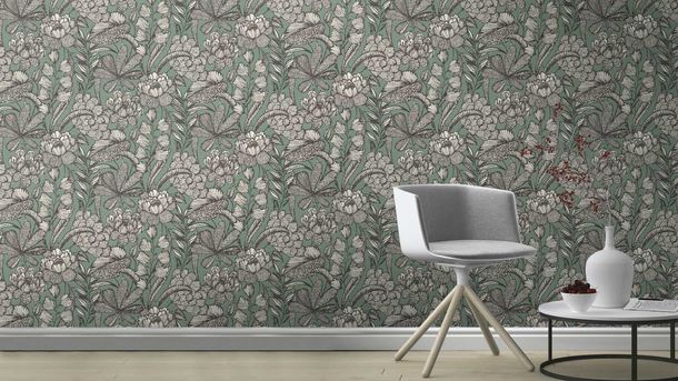 Non-woven wallpaper Rasch Flowers Leaves Green Black