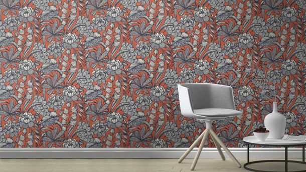 Non-woven wallpaper Rasch Flowers Leaves Orange Blue