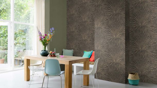 Non-woven wallpaper Rasch Leaves Black Gold 555745