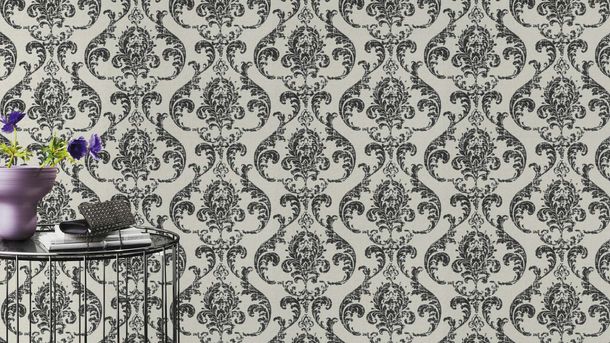 Non-woven wallpaper Rasch Baroque White Black 315608