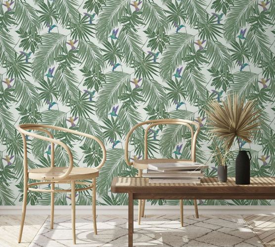 Non-woven wallpaper leaves birds white green 47408