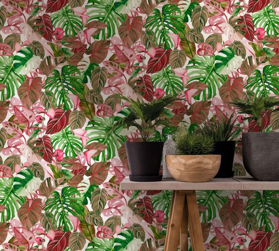 Non-woven wallpaper leaves green pink Marburg 47414