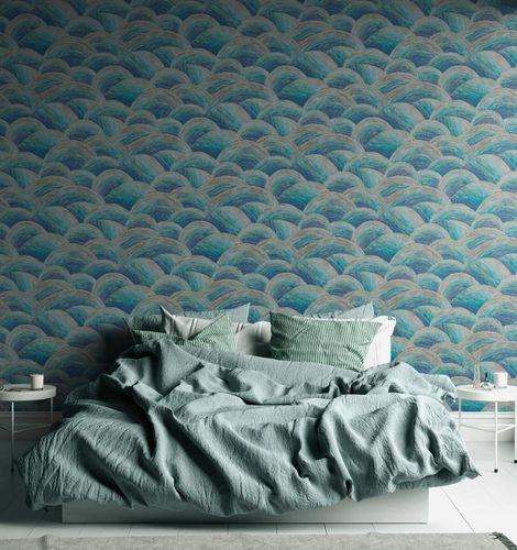 Non-woven wallpaper waves metallic blue gold 39105-1