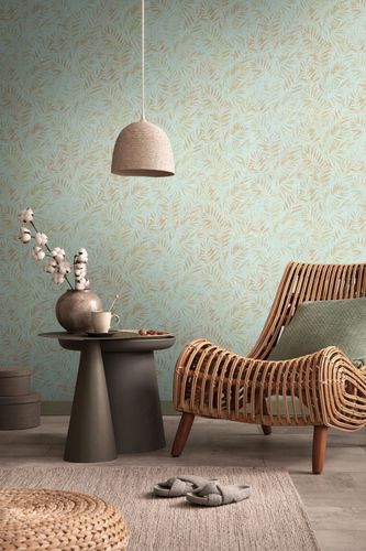 Non-woven wallpaper leaves metallic turquoise gold 39120-4