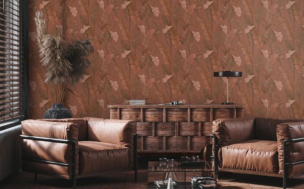 Non-woven wallpaper palm leaves tropics brown red 39218-1