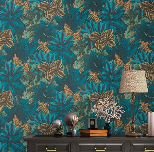 Non-woven wallpaper floral tropics blue green 39222-1