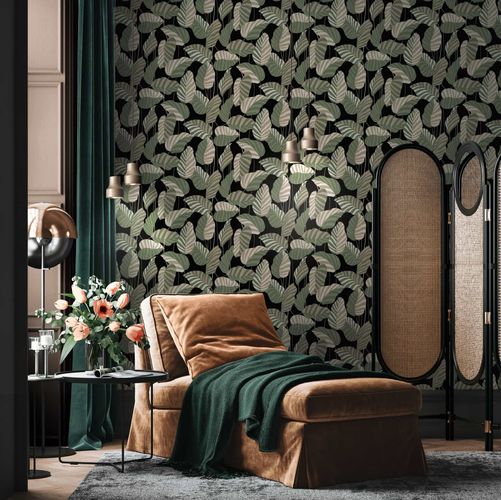 Non-woven wallpaper leaves black green gold metallic 39094-2