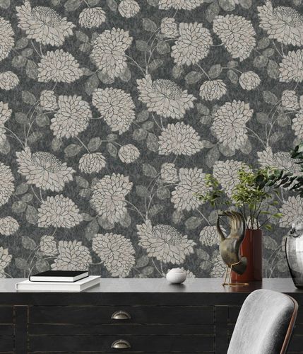 Non-woven wallpaper floral black cream metallic 39025-3