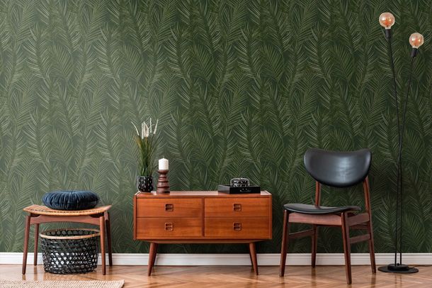 Non-woven wallpaper leaves dark green gloss 39038-5