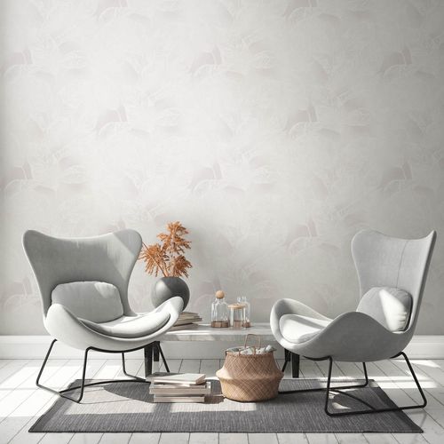 Non-woven wallpaper tropical leaves grey white 38663-2