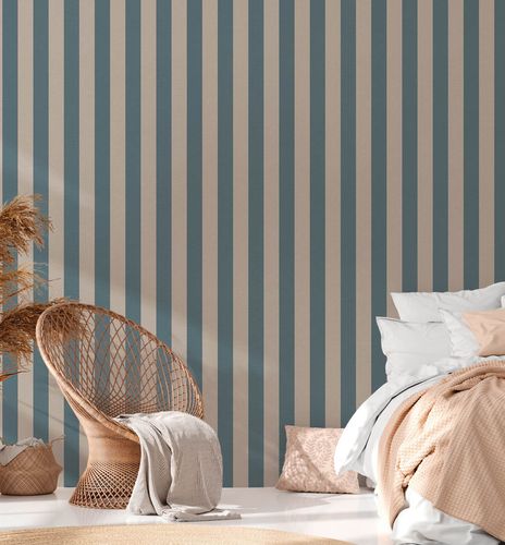 Non-woven wallpaper stripes pattern blue beige 38665-1