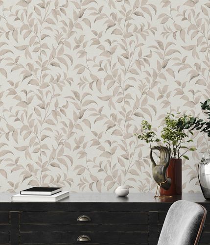 Non-woven wallpaper floral leaves twigs white beige 38962-2