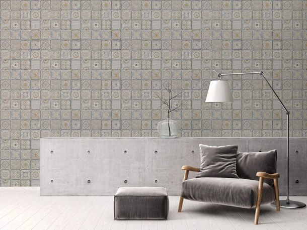 Non-woven wallpaper tiles floral white grey glitter 38921-2