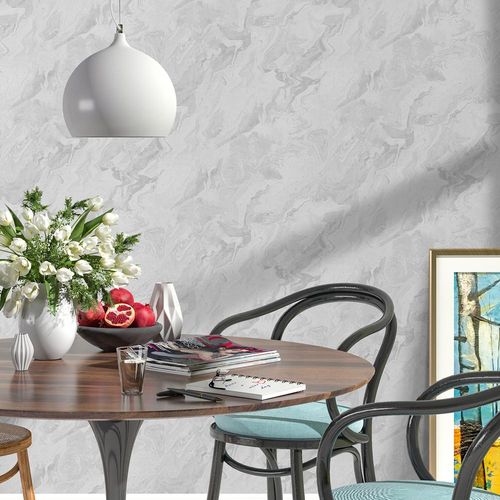 Non-woven wallpaper marble look white silver 10318-14