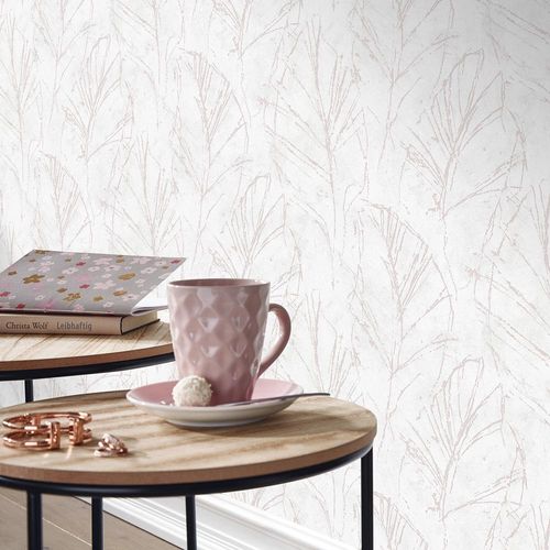 Non-woven wallpaper leaves white pink metallic 10321-05