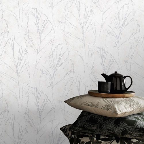 Non-woven wallpaper leaves cream silver metallic 10321-31