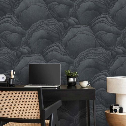 Non-woven wallpaper stone look black glitter 10298-15