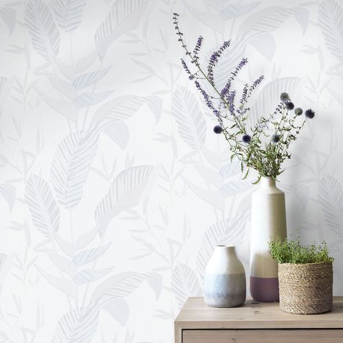 Non-woven wallpaper Elle leaves white light grey 10332-01