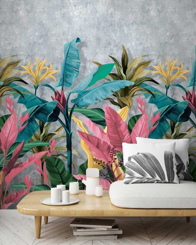 Photo Wallpaper Leaves Plaster Look grey Blue Pink 81601