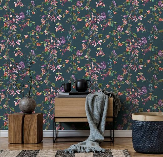 Non-Woven Wallpaper Floral Berries Blue Green Pink 47454