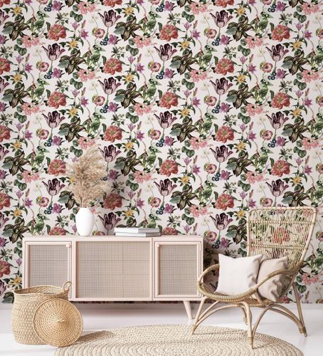 Non-woven wallpaper flowers leaves white pink green 47458