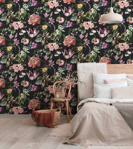 Non-woven wallpaper flowers leaves black pink green 47460