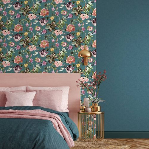 Non-Woven Wallpaper Flowers Petrol Green Pink 47462