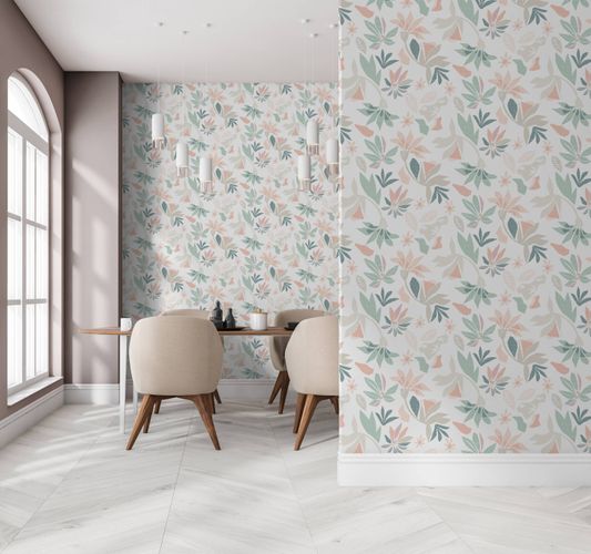 Non-woven wallpaper floral graphic white beige green 47469