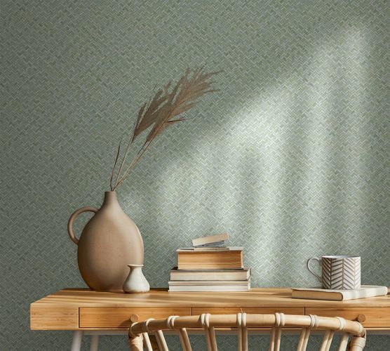 Non-woven wallpaper raffia look wood rattan green 47479