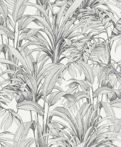 Non-Woven Wallpaper Leaves Illustration White Black A51401