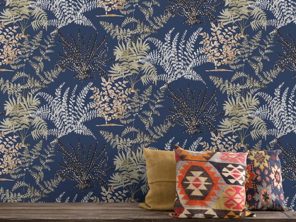 Non-Woven Wallpaper Leaves Branches Blue White Beige