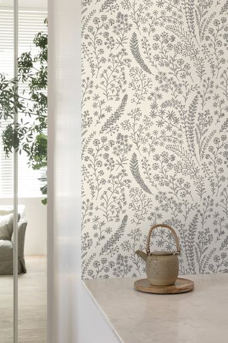 Non-Woven Wallpaper Floral Textile Look White Black A58701