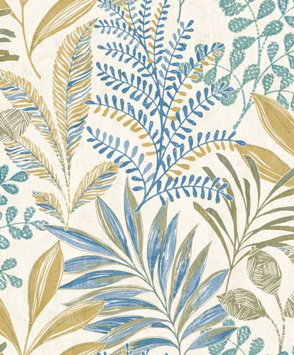 Non-woven wallpaper leaves tropics cream blue green MN3107