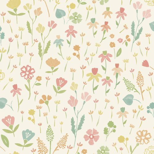 Non-woven wallpaper floral illustration cream green orange