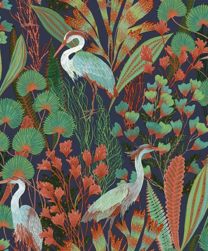 Non-Woven Wallpaper Birds Leaves Blue Green Red A63202