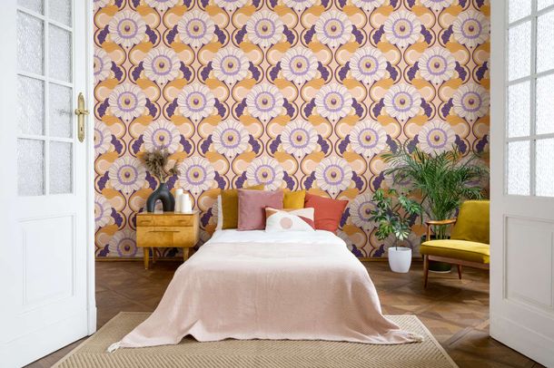 Non-woven wallpaper floral abstract orange purple 39530-3
