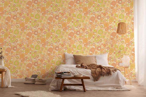 Non-woven wallpaper flowers retro orange green 39535-5